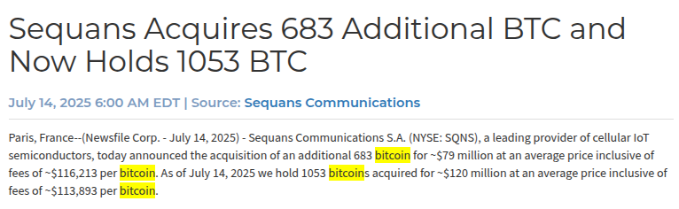 美股上市公司Sequans增持683枚比特币至总量1053枚