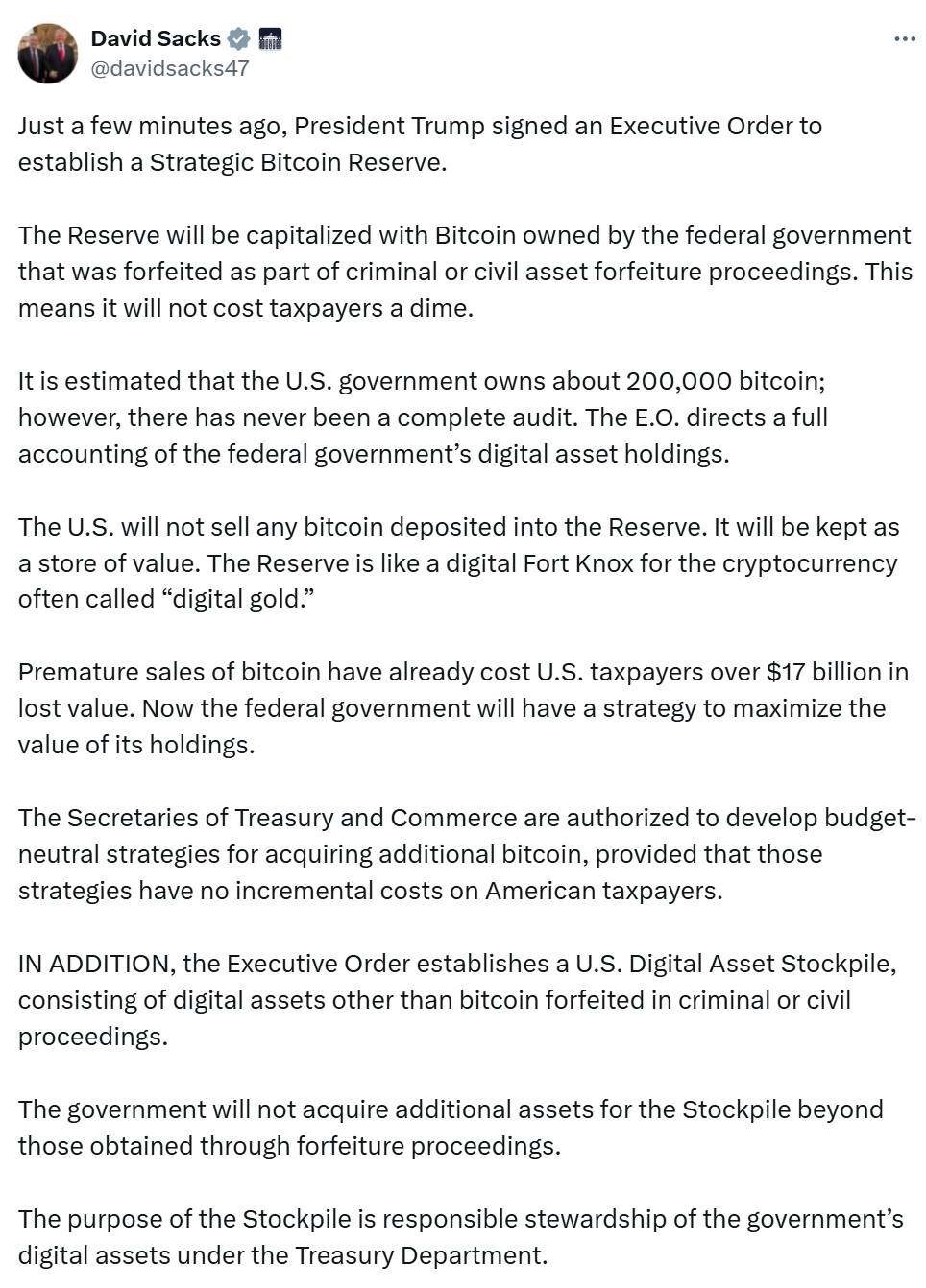 特朗普签署行政命令建立美国战略比特币储备