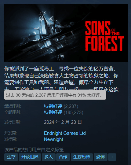 《森林之子》正式版Steam上线，好评如潮，史低折扣开启