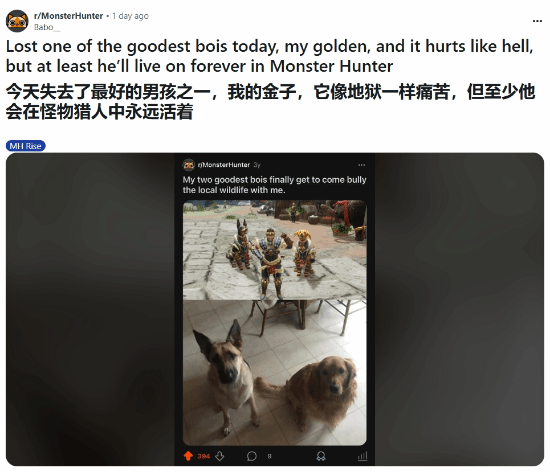 玩家在《怪物獵人》中寄托對寵物的思念之情