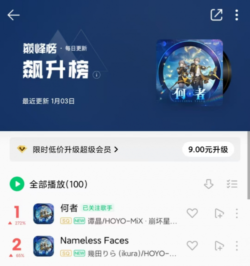 《崩壞：星穹鐵道》新歌《何者》登頂音樂榜
