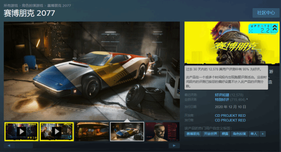 《賽博朋克2077》四年后獲Steam“好評如潮”
