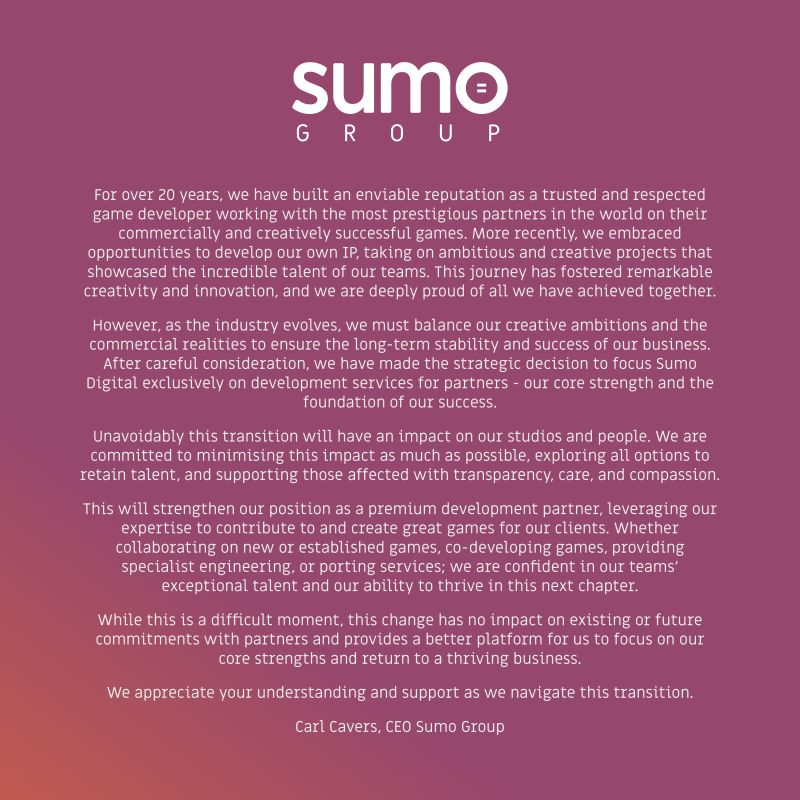 Sumo Group業(yè)務(wù)重組，或再掀游戲界裁員風(fēng)波！宣傳圖2