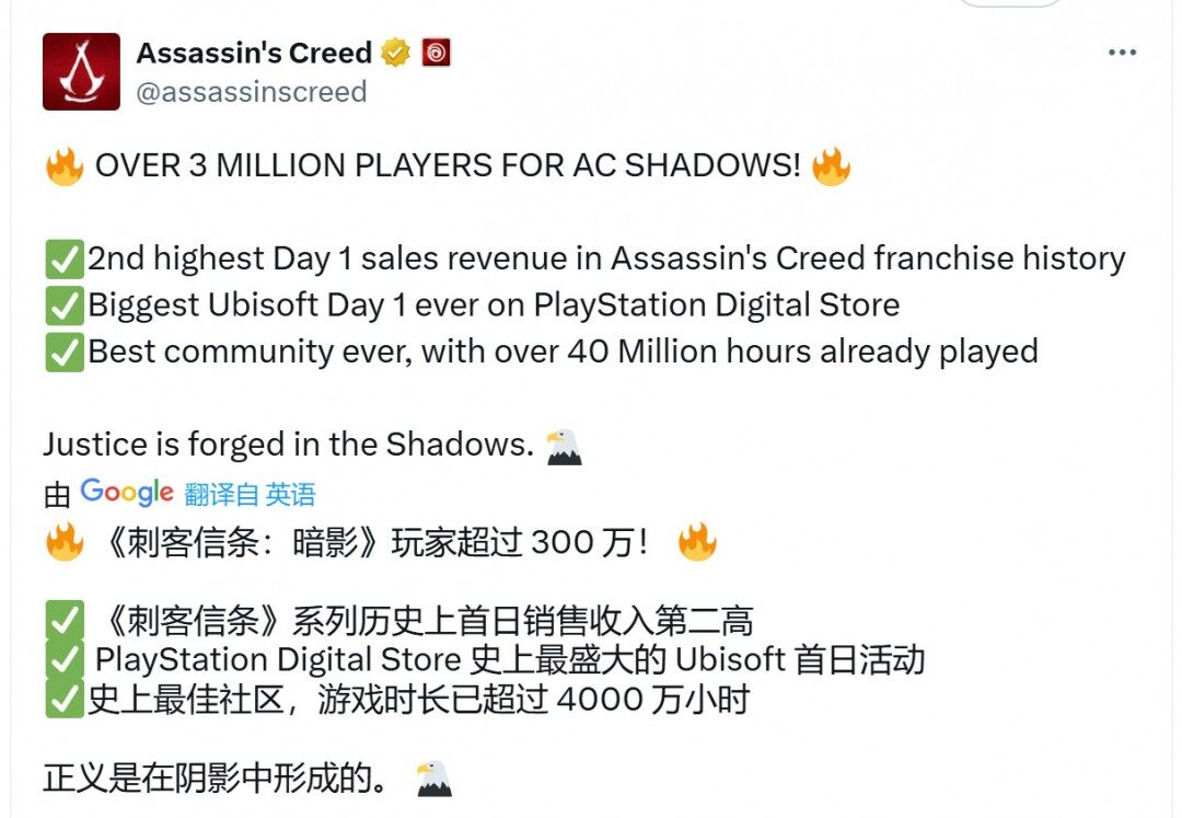 《刺客信條：影》玩家數(shù)突破300萬(wàn)引爭(zhēng)議 銷量數(shù)據(jù)真實(shí)性受市場(chǎng)關(guān)注
