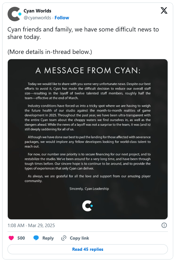Cyan Worlds裁員重組 2025年游戲開發(fā)困境引發(fā)行業(yè)震蕩