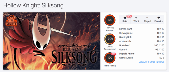 《空洞骑士：丝之歌》M站评分出炉 PC版获100分满分宣传图3