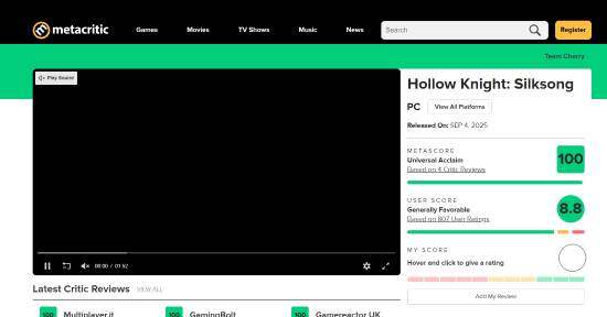 《空洞骑士：丝之歌》M站评分出炉 PC版获100分满分