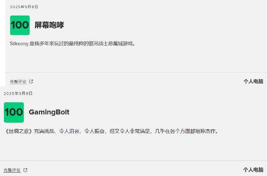 《空洞骑士：丝之歌》M站评分出炉 PC版获100分满分宣传图2